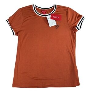 GUESS Los Angeles Womens Ringer T-Shirt Burnt Orange Striped Trim Small NWT